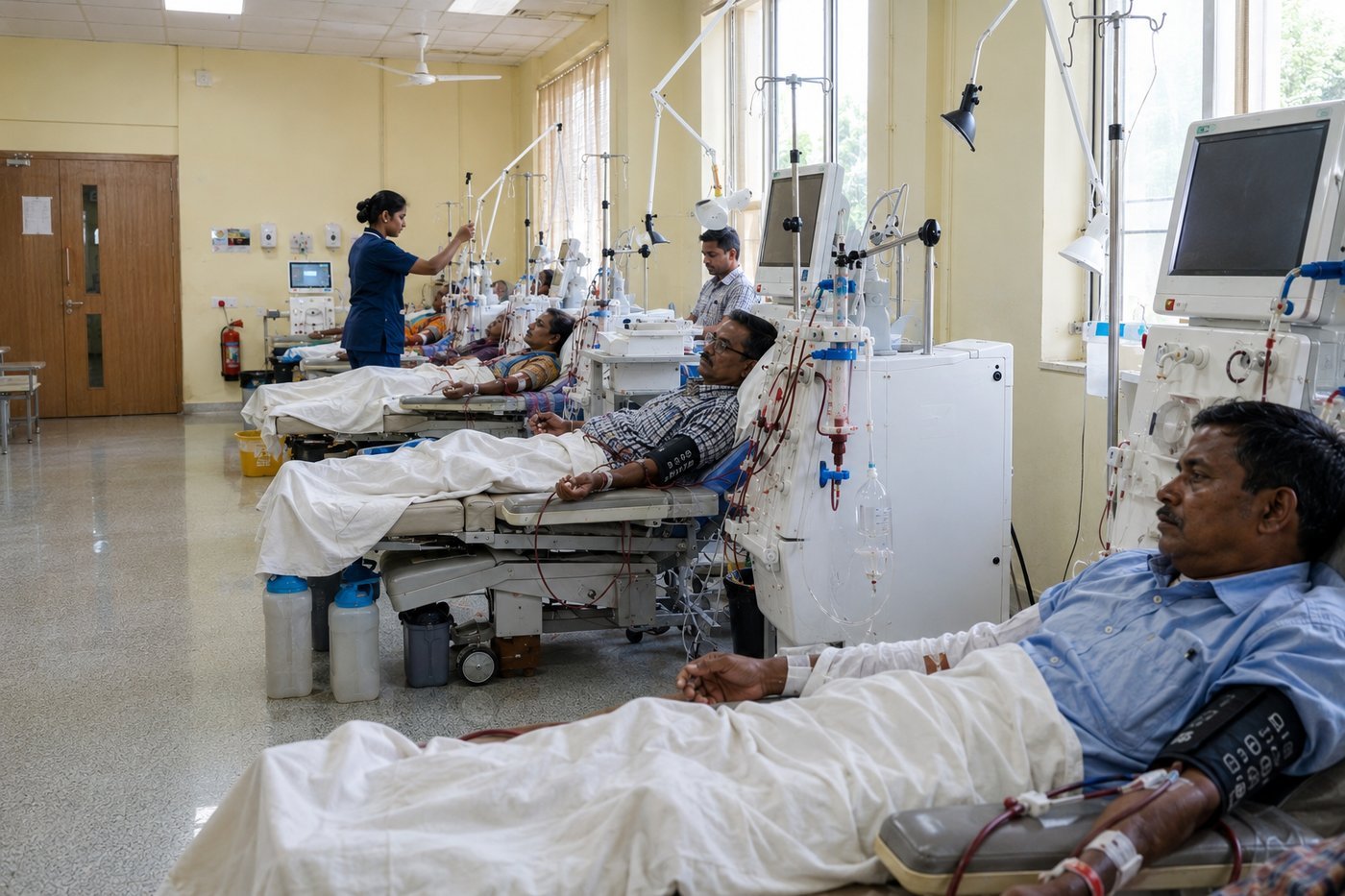 A hospital dialysis ward running at capacity, one nurse attending a full row of patients